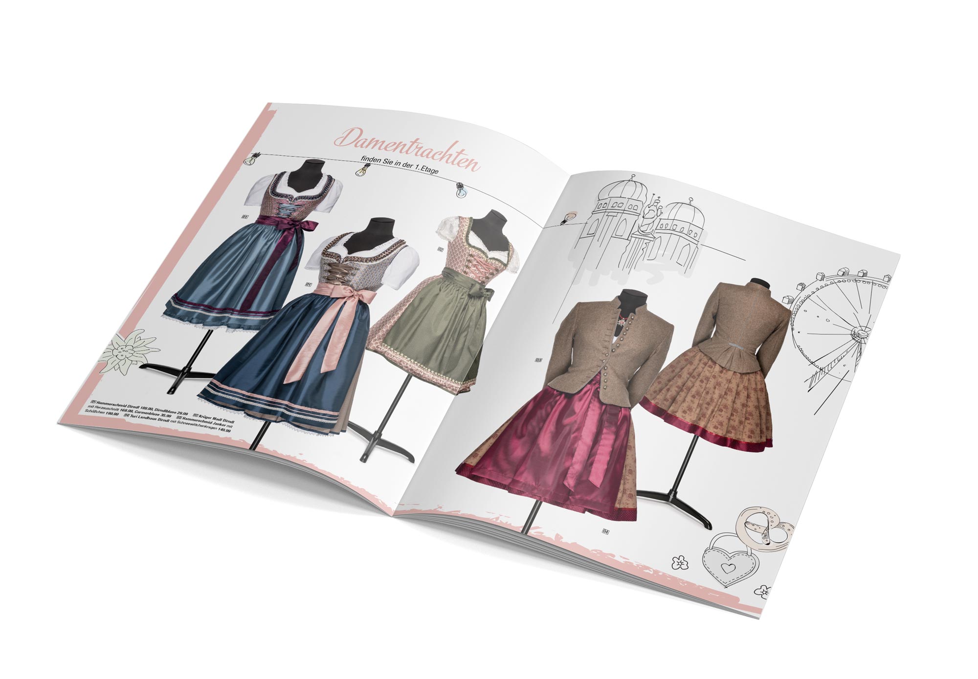 Aufgeschlagener Wiesn-Beileger Galeria Kaufhof: Damentrachten mit Dirndl und Janker-Kollektion