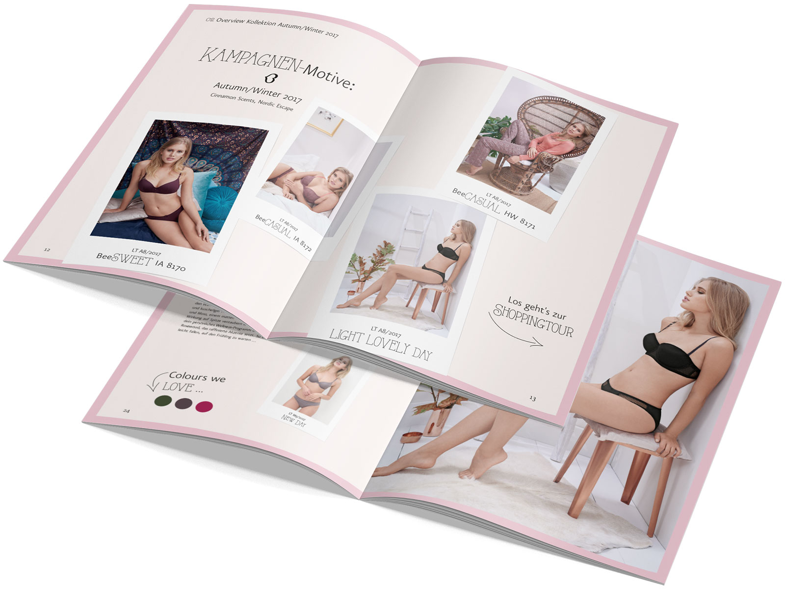 triumph_beedees_innen Aufgeschlagener Beedees Salesfolder, Autumn/Winter 2017: Kollektion BeeSWEET, BeeCASUAL und Light Lovely Day mit Kampagnenmotiven und Farbpalette.