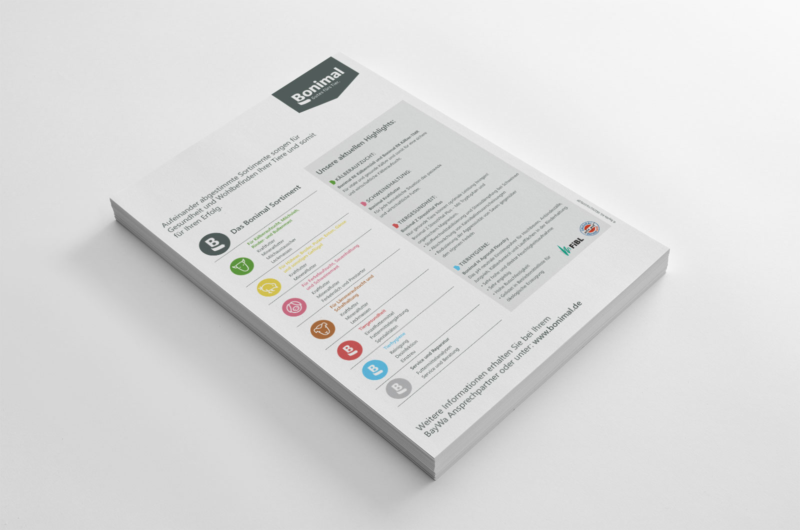 Bonimal Infoblatt – Sortimentsübersicht mit Submarken-Icons und Farbkodierung, Gestaltung: ZP Medienwerk