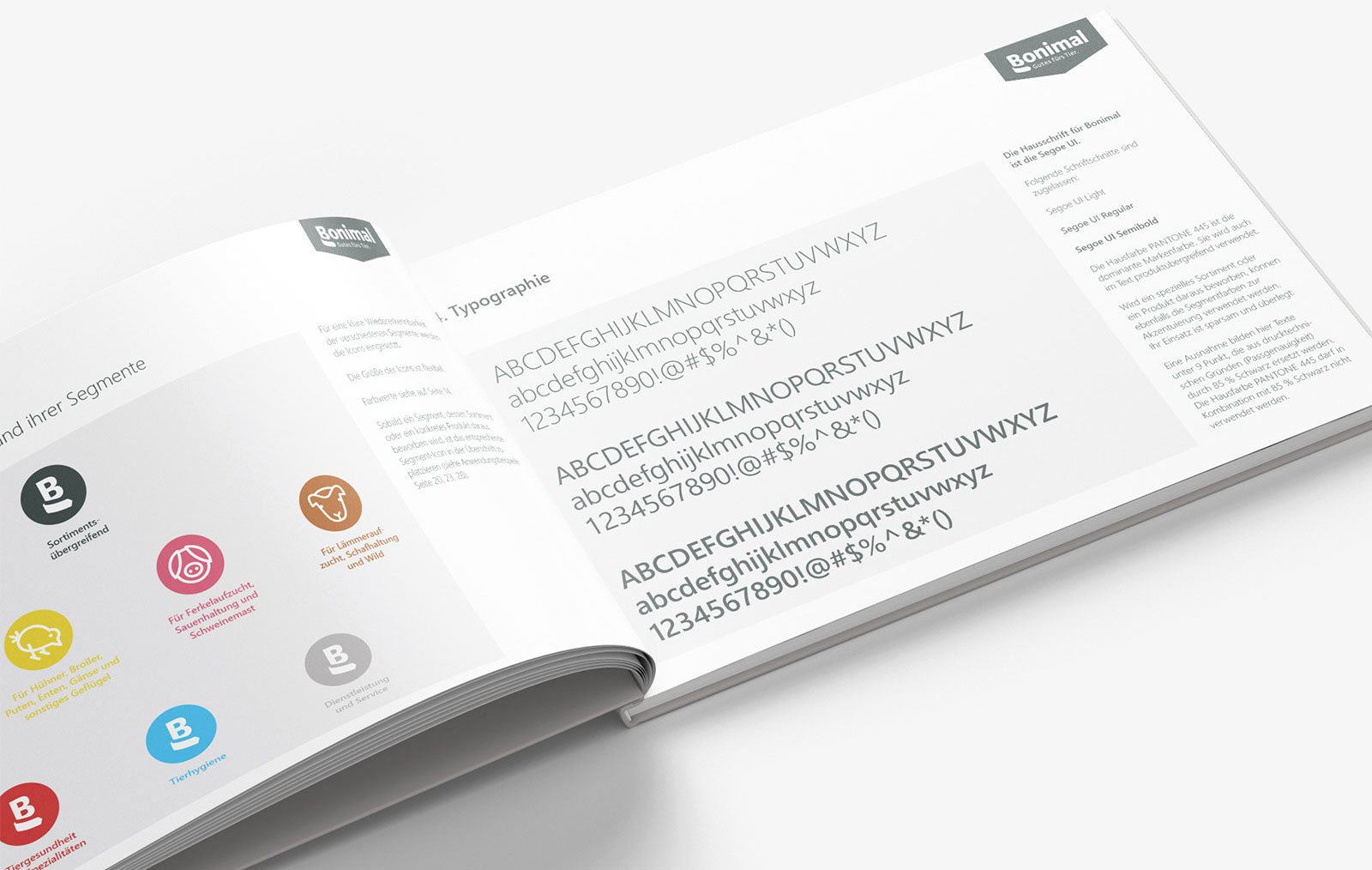 Bonimal Corporate Design Manual – Innenseiten mit Typographie-Definitionen und Submarken-Icons, Styleguide: ZP Medienwerk