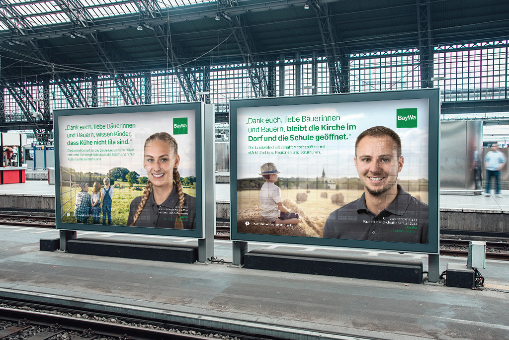 BayWa Danke-Kampagne – zwei Großflächen-Plakate im Bahnhof mit Testimonial-Motiven, OOH-Ausspielung: ZP Medienwerk