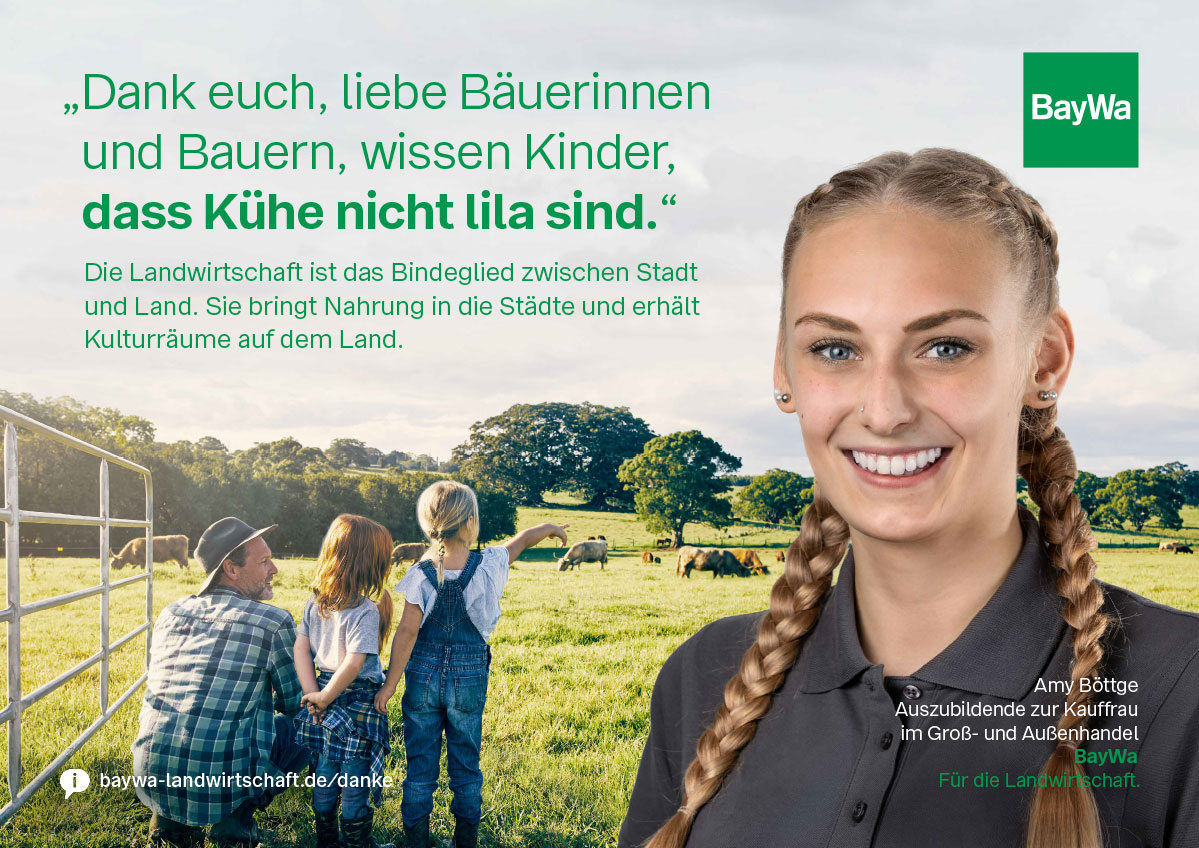 BayWa Danke-Kampagne – Testimonial-Motiv mit BayWa-Mitarbeiterin und Sujet Weidevieh, Composing und Fotografie: ZP Medienwerk