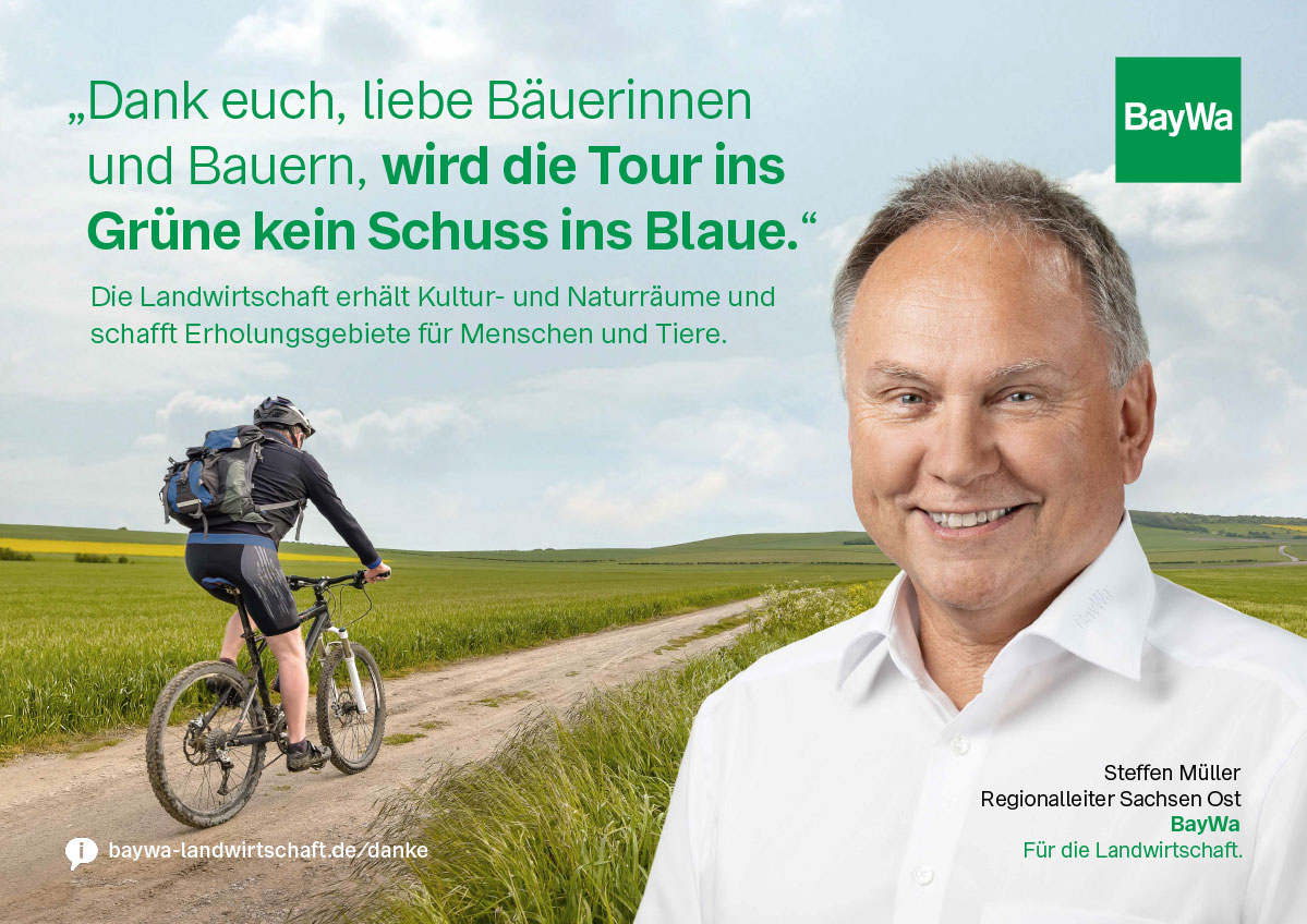 BayWa Danke-Kampagne – Testimonial-Motiv mit BayWa-Regionalleiter und Sujet Feldweg, Composing und Fotografie: ZP Medienwerk