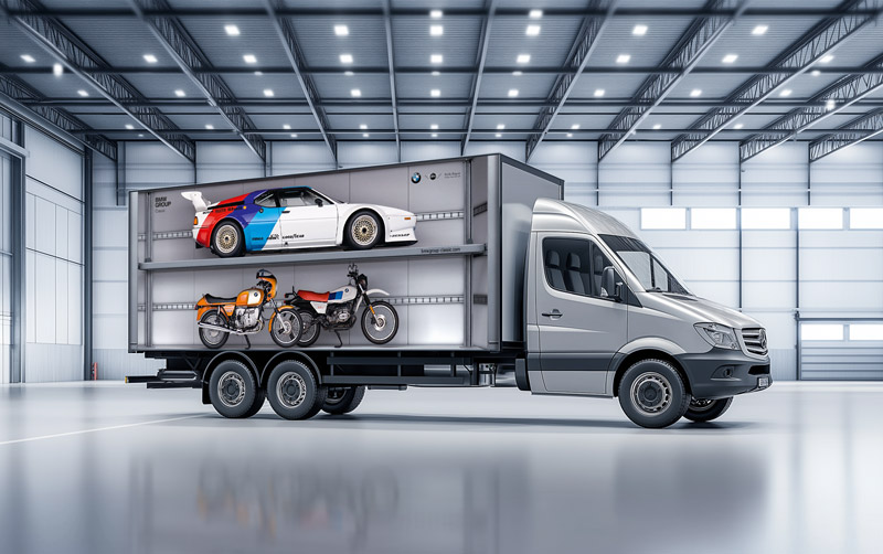 MW Classic Truck – Gesamtansicht mit fotorealistischem Composing: BMW M1 Procar und klassische Motorräder auf dem Truck-Gestell, Fahrzeugbeklebung: ZP Medienwerk