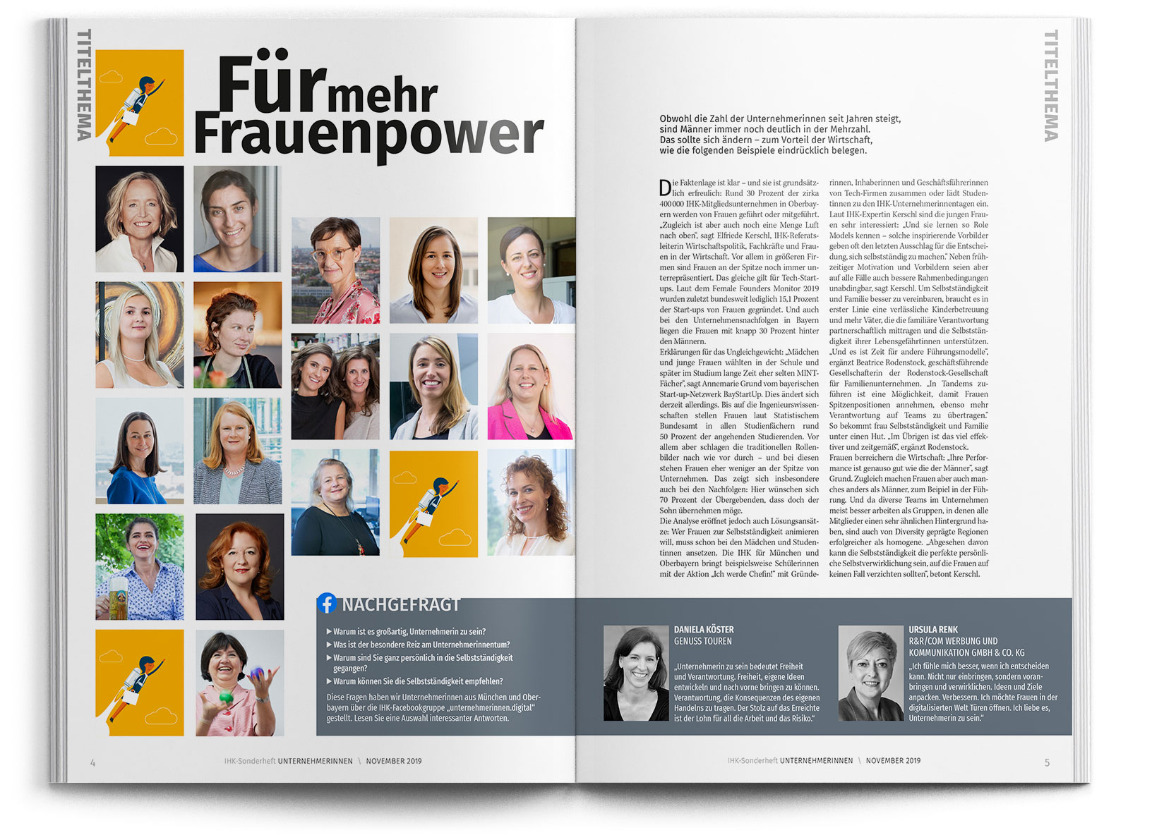 Aufgeschlagene Doppelseite des IHK Sonderhefts Unternehmerinnen, November 2019: Titelthema „Für mehr Frauenpower" mit Portrait-Galerie von Unternehmerinnen aus München und Oberbayern, redaktionellem Text und Facebook-Aktion „Nachgefragt".
