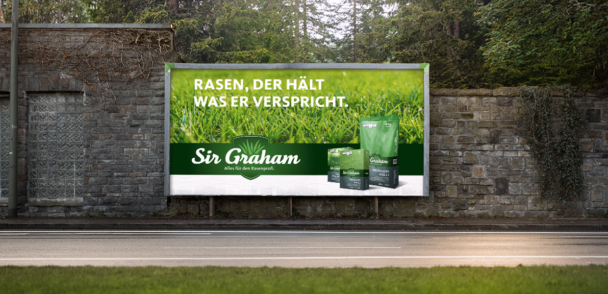 sir-graham-grossflaeche Sir Graham Großflächen-Plakat – „Rasen, der hält was er verspricht" mit Produktinszenierung, Außenwerbung: ZP Medienwerk