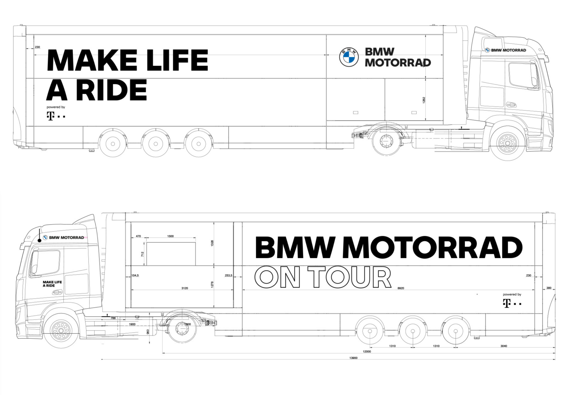 MW Motorrad Roadshow Truck – technische Maßzeichnung und Layout-Stanze für die Fahrzeugbeklebung mit Bemaßung, Planung: ZP Medienwerk