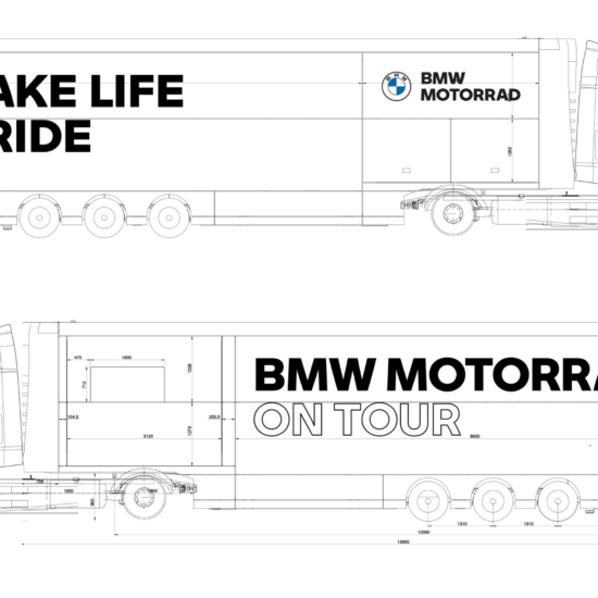 MW Motorrad Roadshow Truck – technische Maßzeichnung und Layout-Stanze für die Fahrzeugbeklebung mit Bemaßung, Planung: ZP Medienwerk