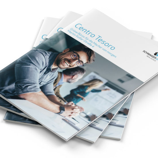 Exposé-Design für das Büroprojekt Centro Tesoro der Schwaiger Group München – Printgestaltung von ZP Medienwerk