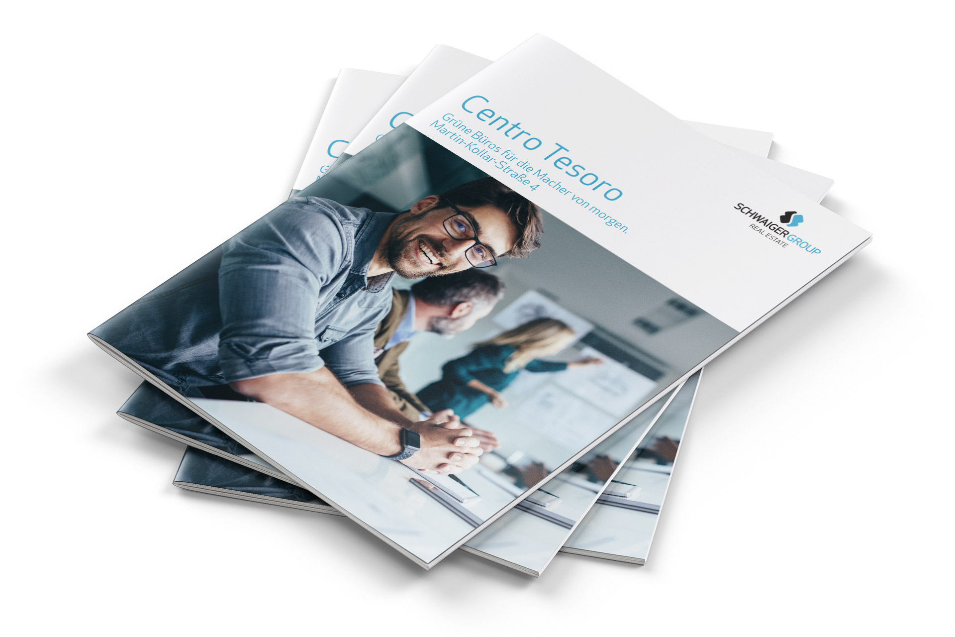 Exposé-Design für das Büroprojekt Centro Tesoro der Schwaiger Group München – Printgestaltung von ZP Medienwerk