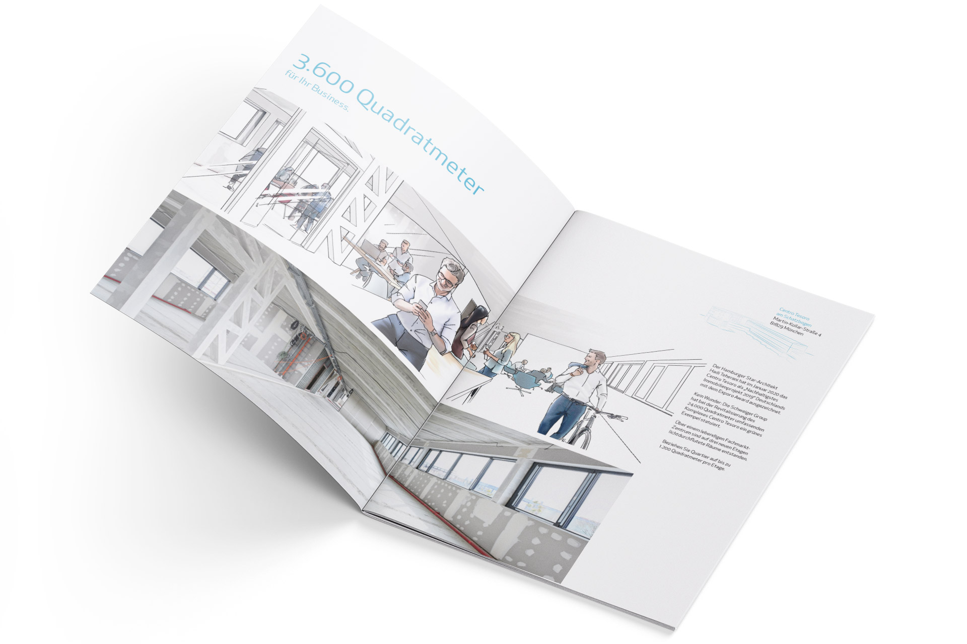Exposé-Design für das Büroprojekt Centro Tesoro der Schwaiger Group München – Printgestaltung von ZP Medienwerk