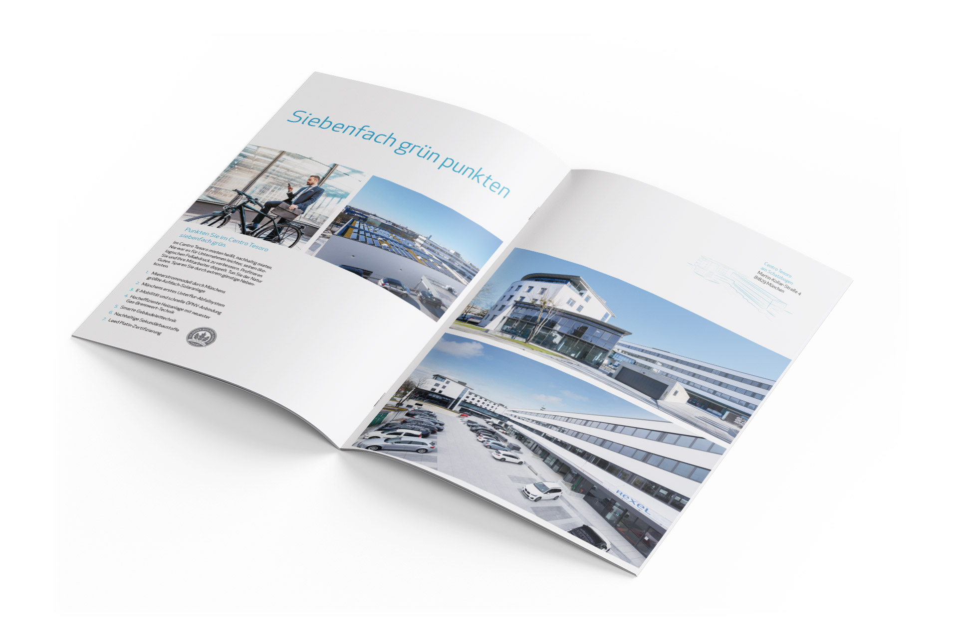 Exposé-Design für das Büroprojekt Centro Tesoro der Schwaiger Group München – Printgestaltung von ZP Medienwerk