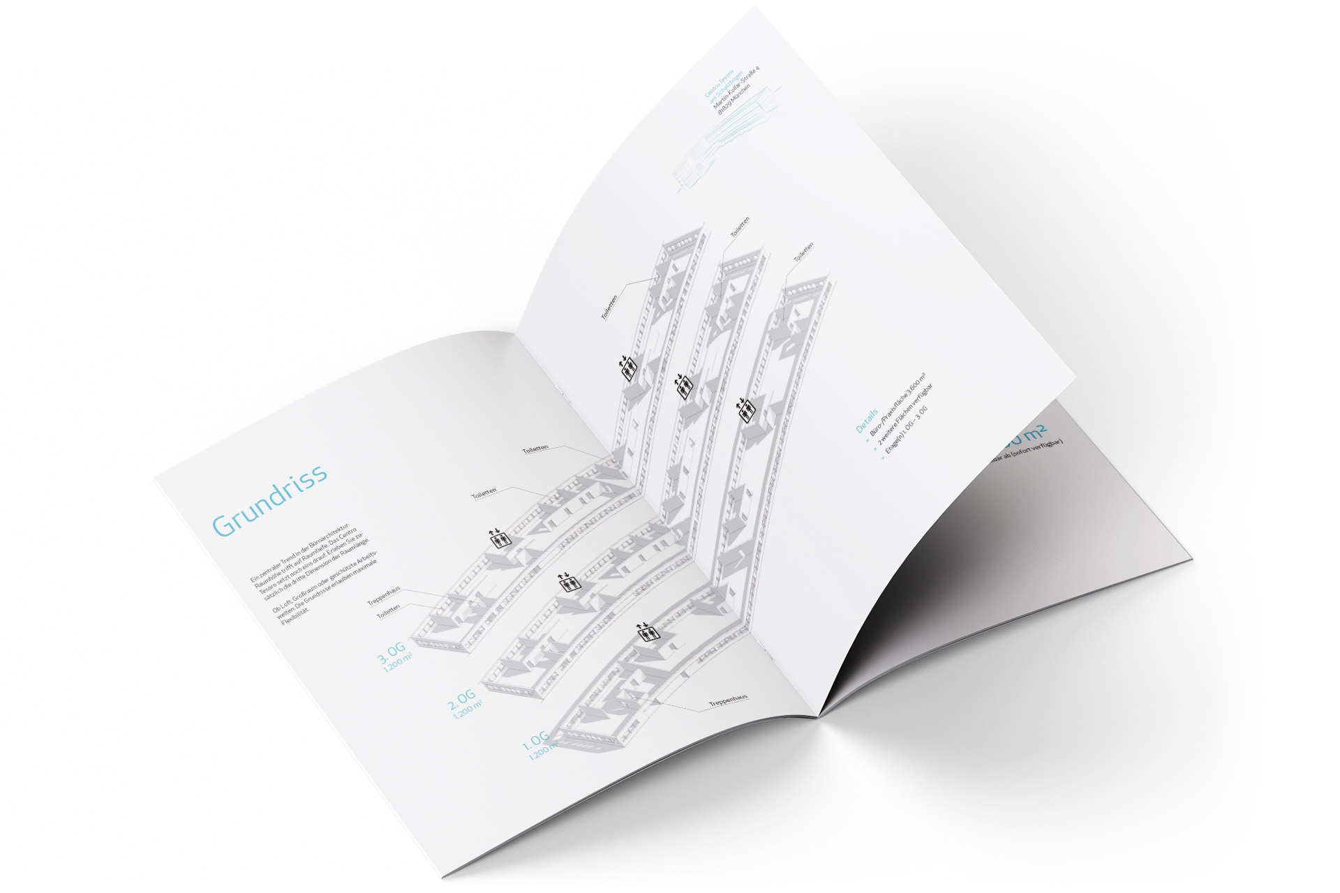 Exposé-Design für das Büroprojekt Centro Tesoro der Schwaiger Group München – Printgestaltung von ZP Medienwerk
