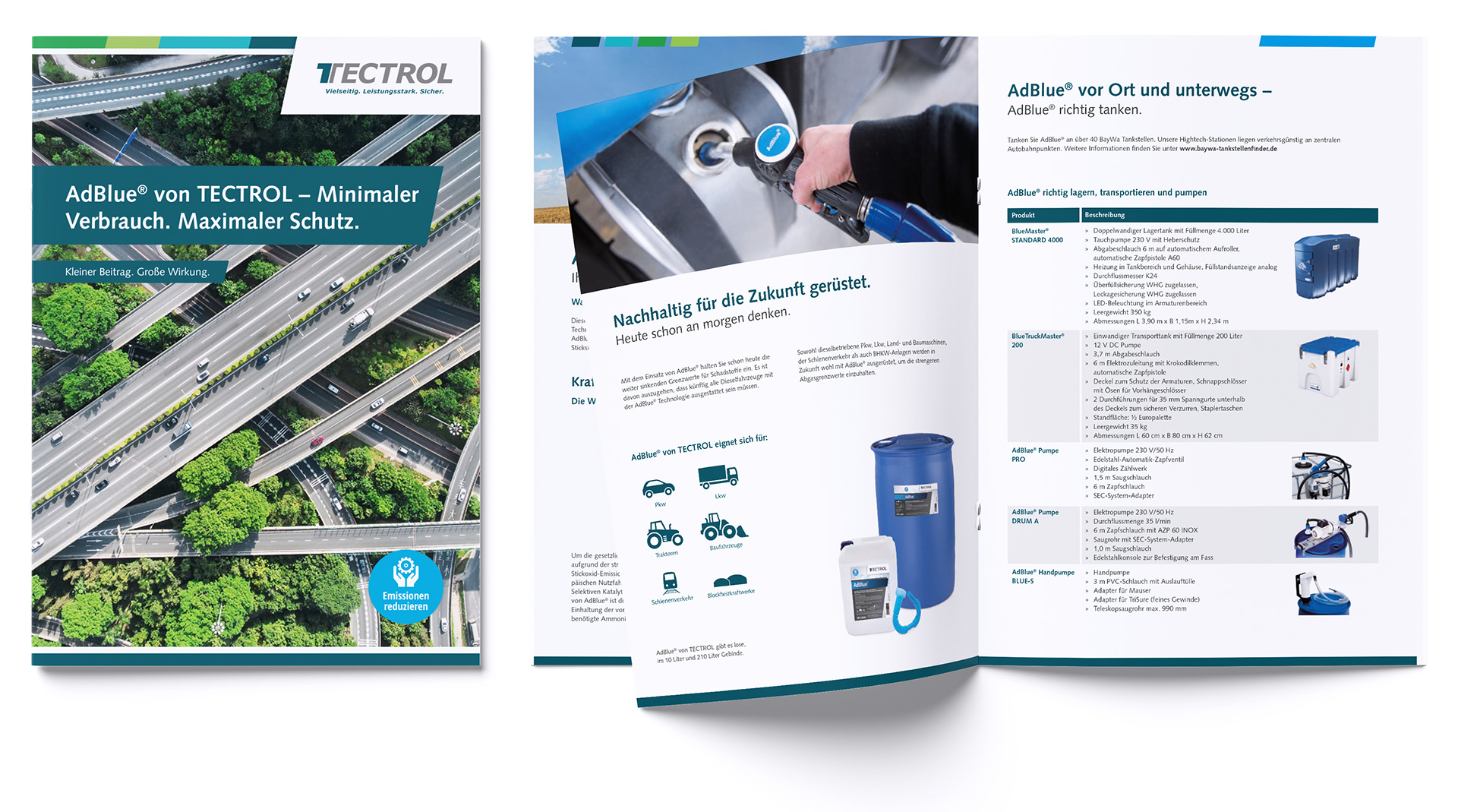 TECTROL adBlue TECTROL AdBlue Broschüre – Cover mit Autobahnkreuz-Luftbild und Innenseiten mit Produkttabelle und Tankanwendung, Gestaltung ZP Medienwerk