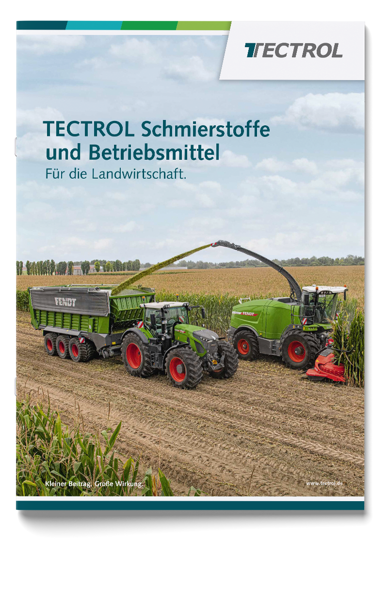 TECTROL für die LAndwirtschaft TECTROL Broschüre – Schmierstoffe und Betriebsmittel für die Landwirtschaft, Cover mit Fendt-Traktoren bei der Maisernte