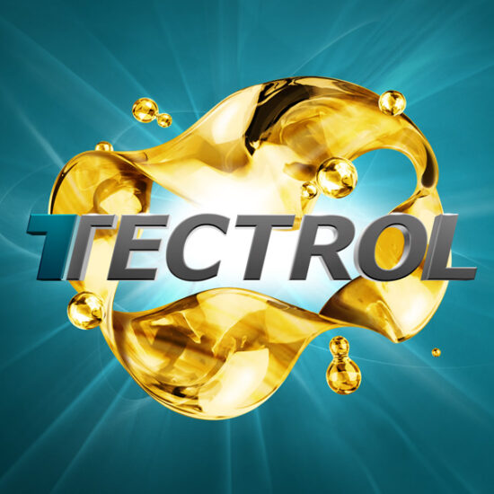 TECTROL Keyvisual – goldener Ölsplash mit TECTROL-Logo auf türkisem Hintergrund, Corporate Design ZP Medienwerk