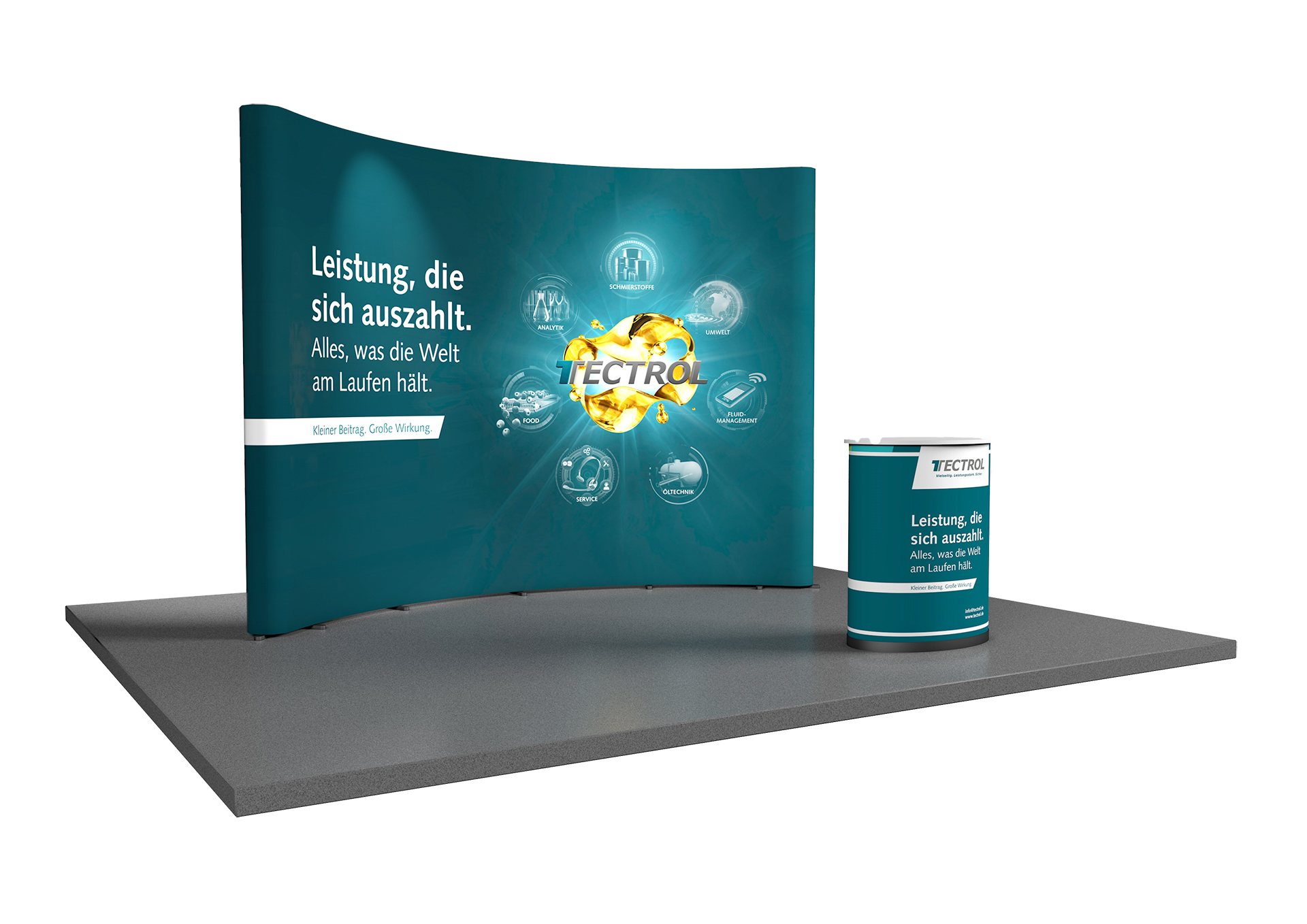 TECTROL Messestand TECTROL Messeauftritt – Pop-up Display und Messetisch mit Keyvisual „Leistung, die sich auszahlt", Gestaltung ZP Medienwerk