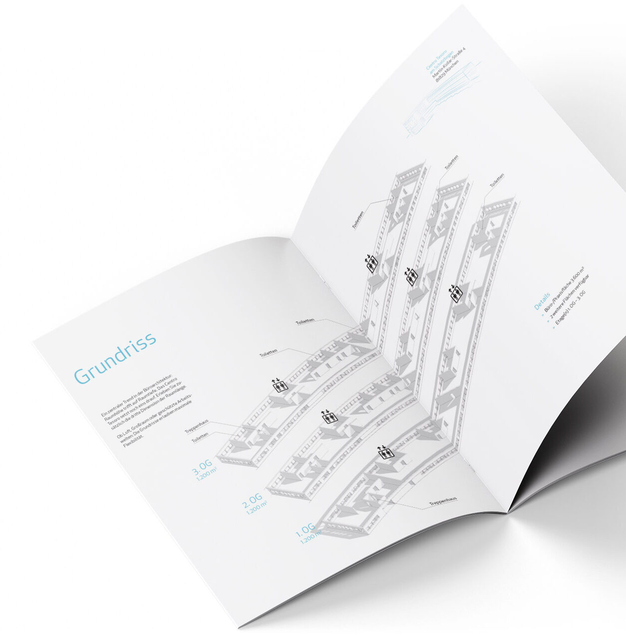 Exposé-Design für das Büroprojekt Centro Tesoro der Schwaiger Group München – Printgestaltung von ZP Medienwerk