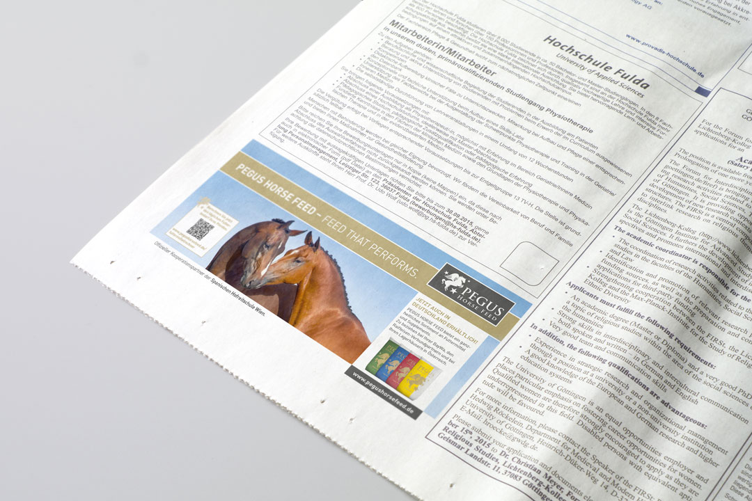 Printanzeige für Pegus Horsefeed im neuen Corporate Design – Anzeigengestaltung von ZP Medienwerk München