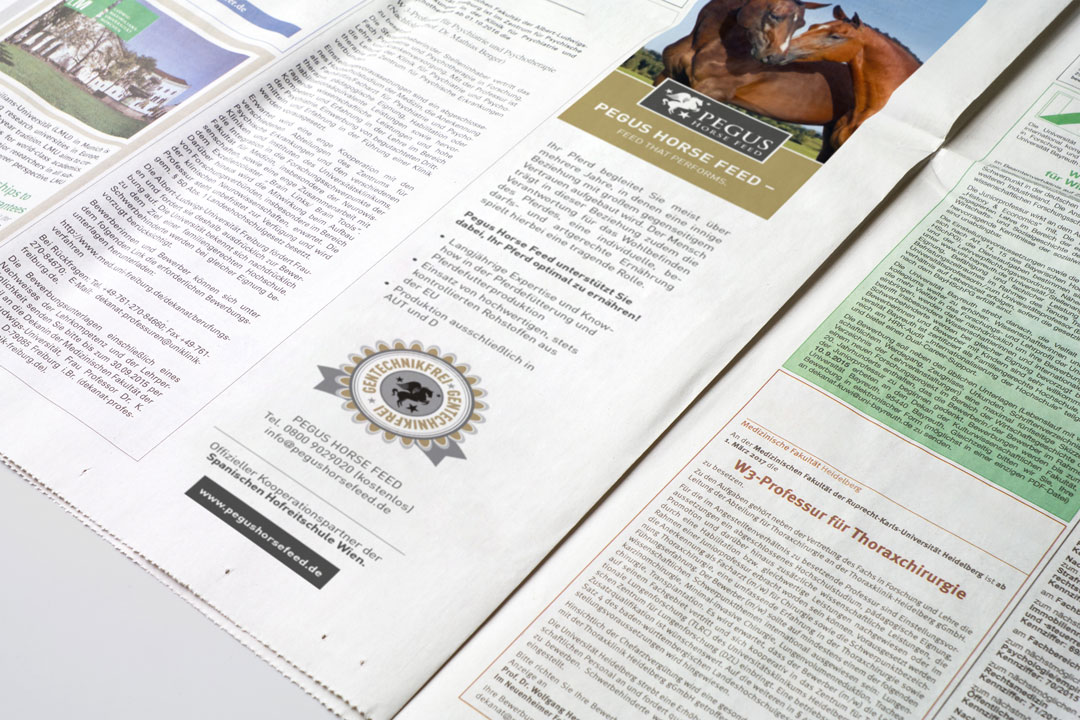Printanzeige für Pegus Horsefeed im neuen Corporate Design – Anzeigengestaltung von ZP Medienwerk München