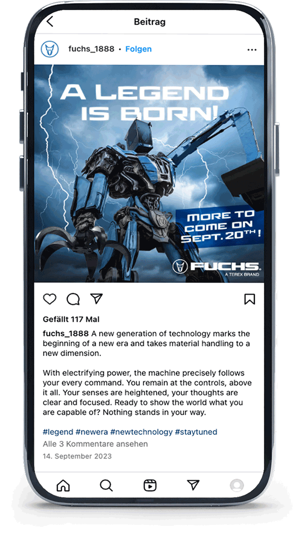 Instagram-Teaser zur FUCHS F120 MH Kampagne mit Headline „A Legend Is Born“