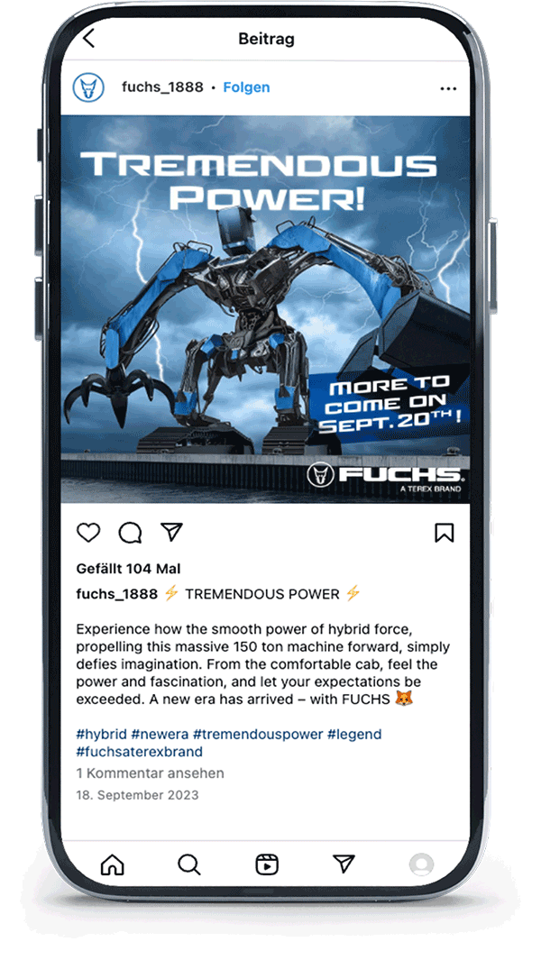 Instagram-Teaser „Tremendous Power“ zur FUCHS F120 MH Hybridmaschine