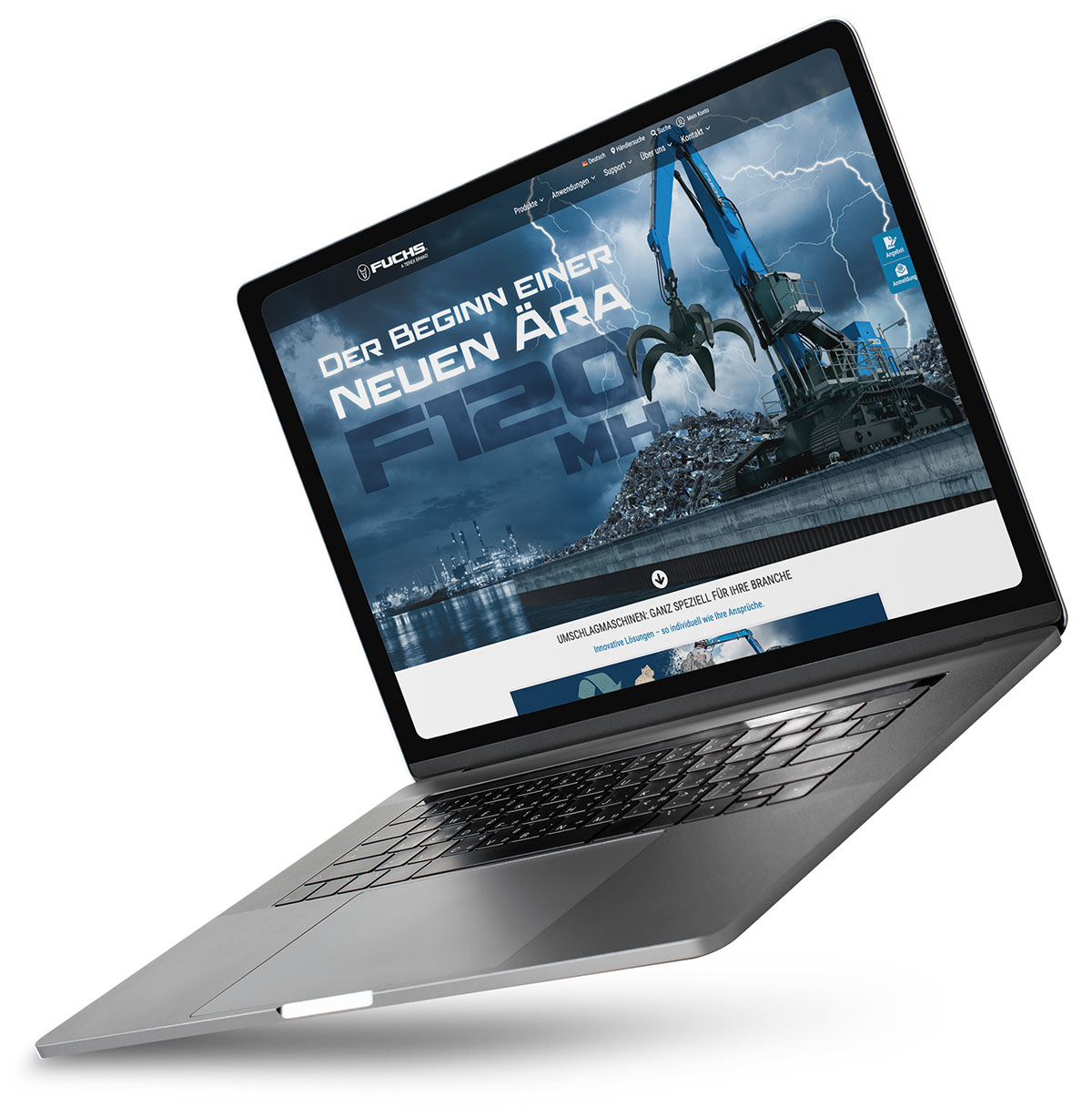 FUCHS F120 MH Launch-Landingpage auf Laptop dargestellt
