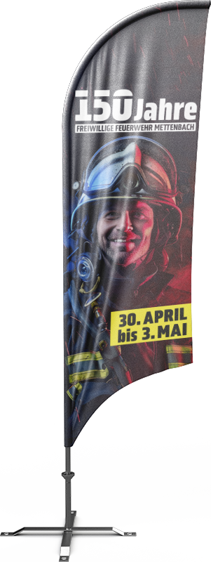 Beachflag zum Jubiläum 150 Jahre FFW Mettenbach – Werbetechnik und Außenauftritt von ZP Medienwerk München