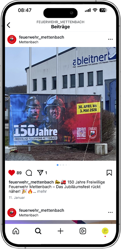 Instagram-Posting zum 150-jährigen Jubiläum der FFW Mettenbach – Social Media Design von ZP Medienwerk München
