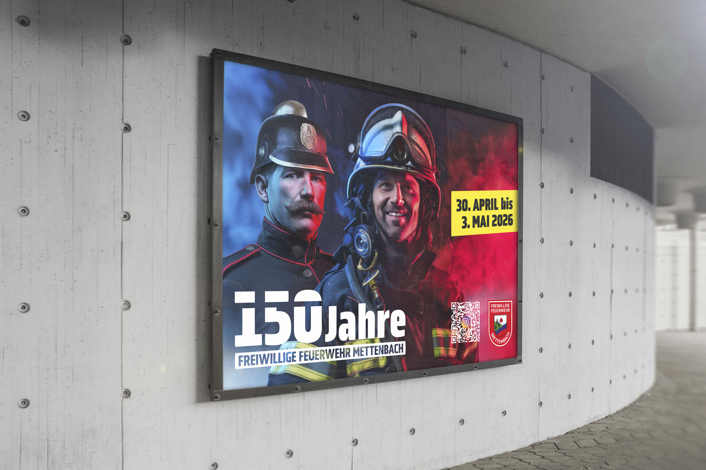 Jubiläumsplakat 150 Jahre FFW Mettenbach – Grafikdesign mit KI-generiertem Visual, gestaltet von ZP Medienwerk München