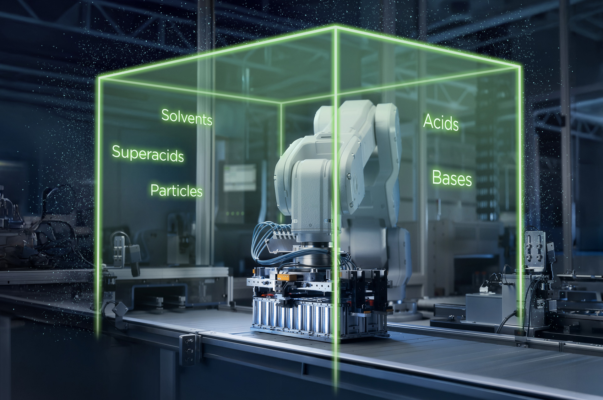Keyvisual für MANN+HUMMEL: Roboter in der Batterieproduktion mit leuchtendem Schutzfeld gegen Schadstoffe