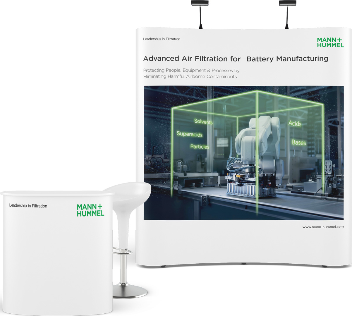 Messestand von MANN+HUMMEL mit großformatigem Keyvisual zur industriellen Luftfiltration, gestaltet von ZP Medienwerk München