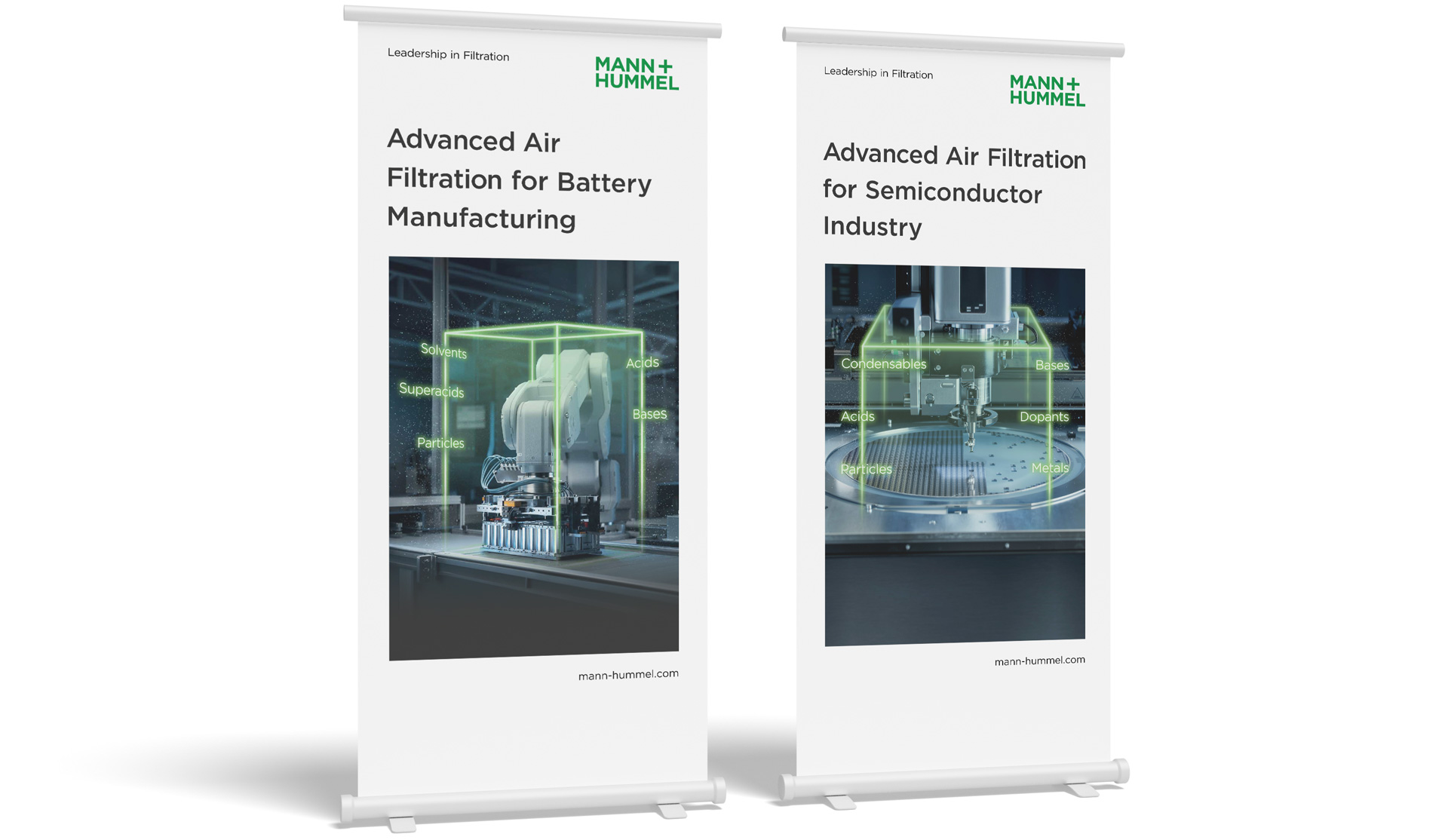 MANN+HUMMEL Rollup B2B Industrie Roll-up Banner für MANN+HUMMEL zur Luftfiltration in Batterie- und Halbleiterproduktion