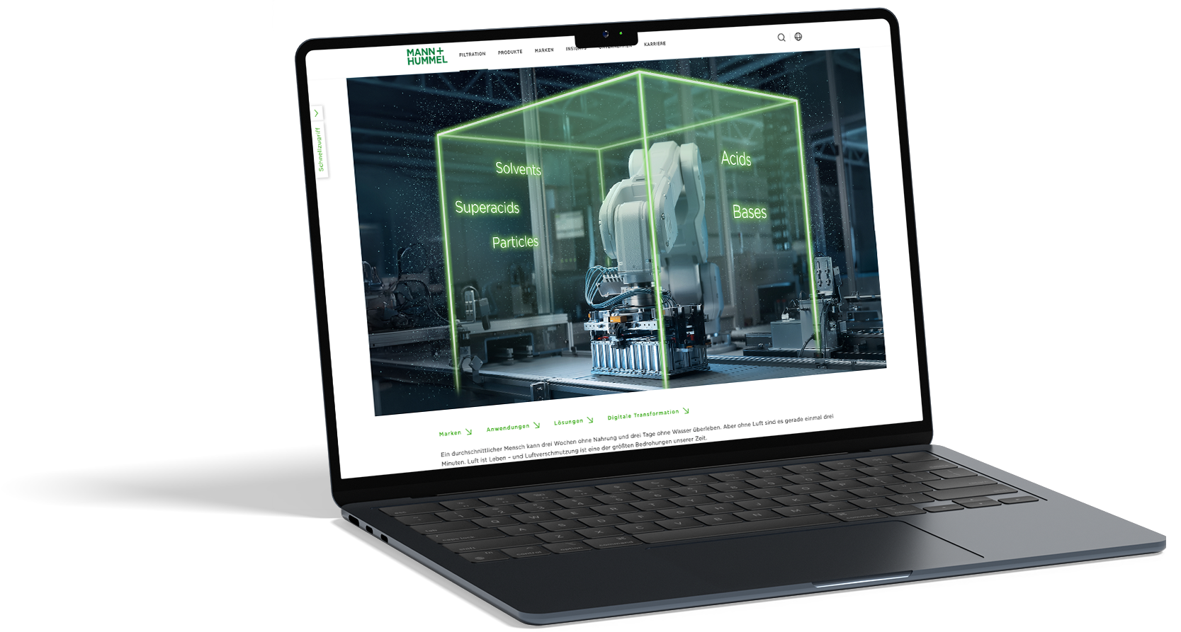 Homepage-Banner für MANN+HUMMEL B2B-Kampagne zur Luftfiltration in der Halbleiter- und Batterieindustrie, gestaltet von ZP Medienwerk